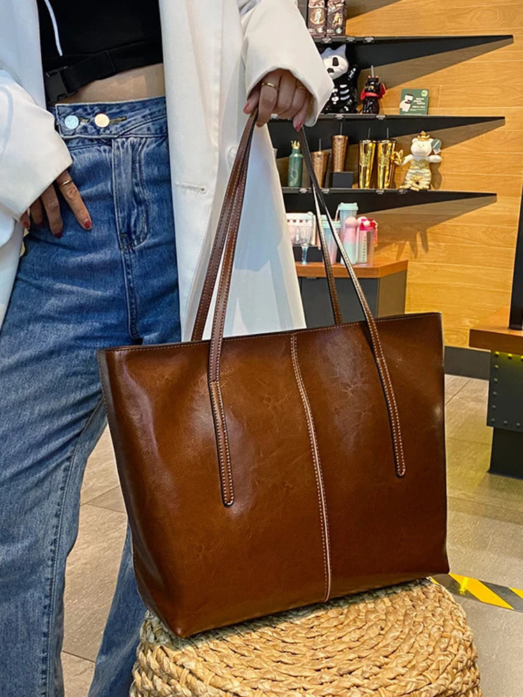 ZENCY Genuine Leather Tote Bag — Large Capacity Shoulder Bag for Work & Travel