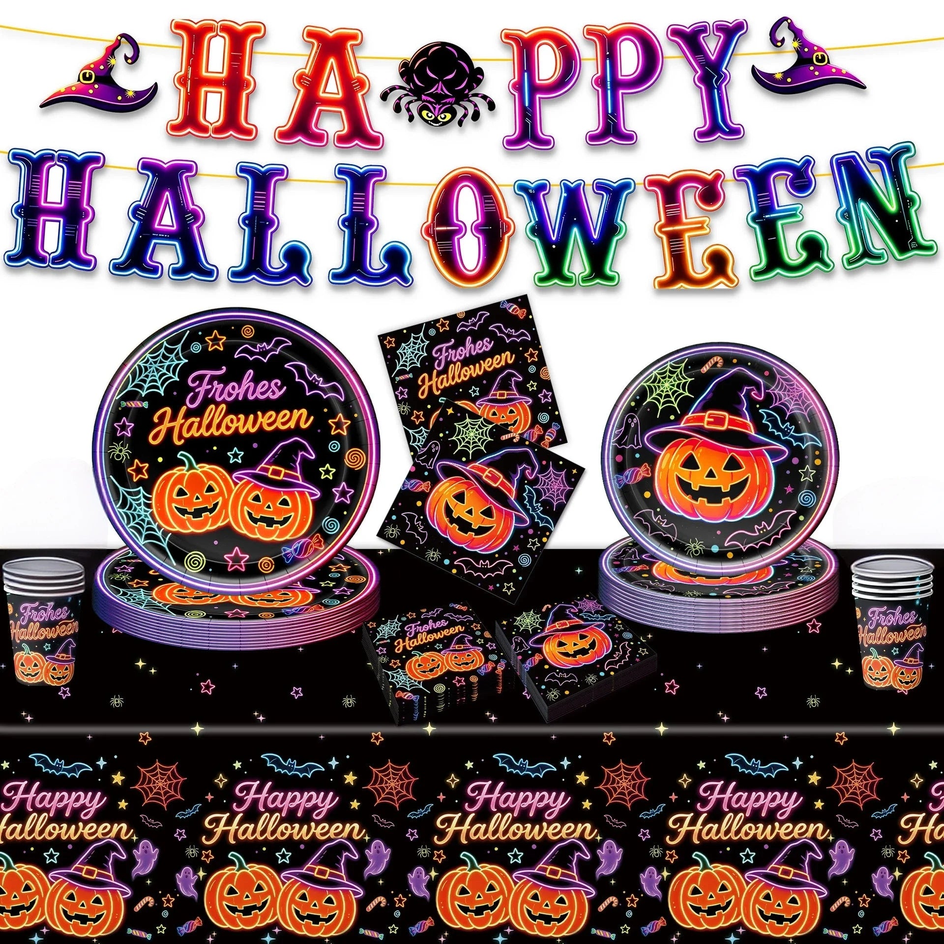 RENYUAN Neon Pumpkin Disposable Tableware Set — Festive Party Decor