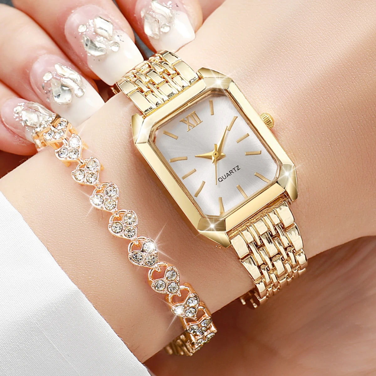 Women's Quartz Watch and Rhinestone Bracelet Set — Elegant Roman Dial Jewelry Kit