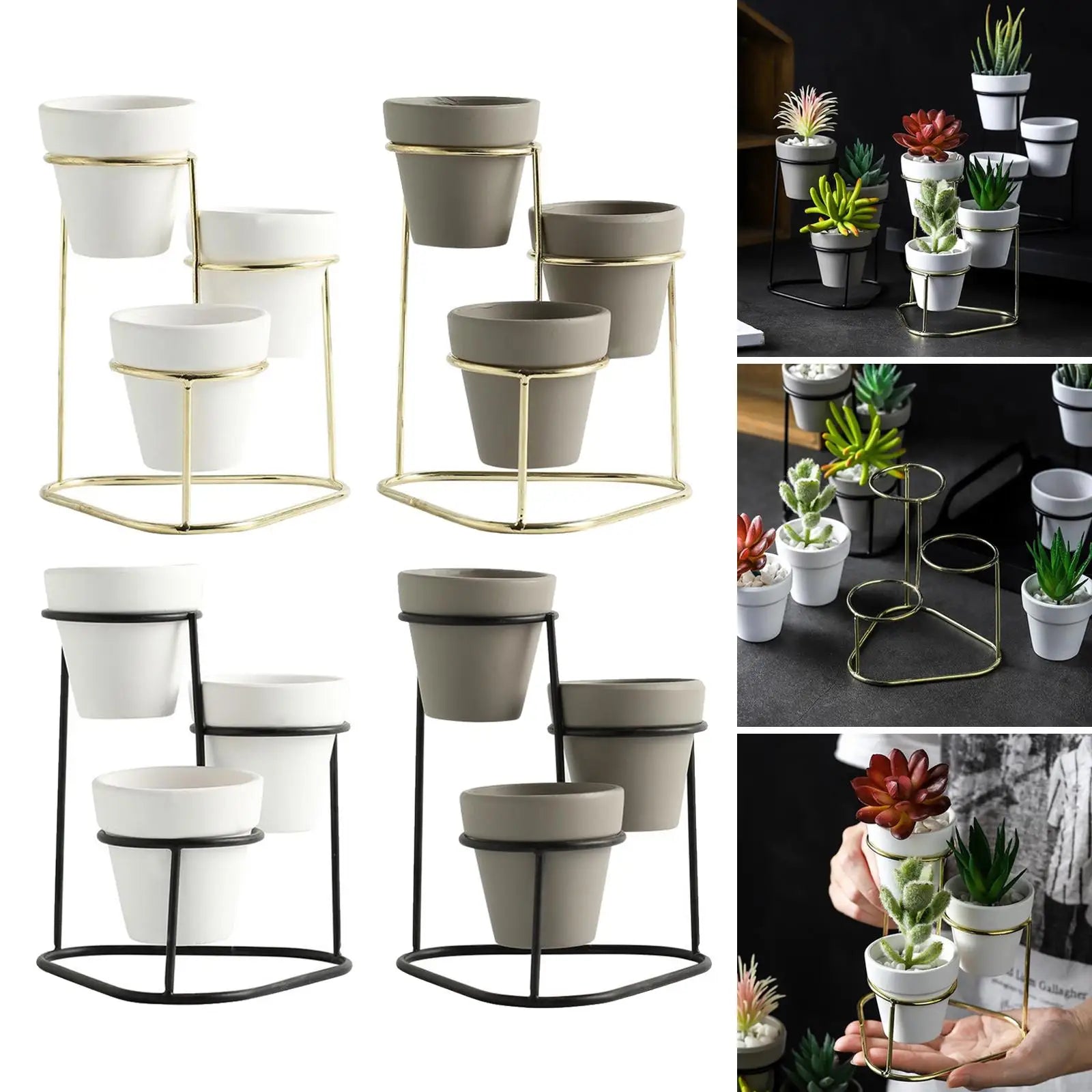 Kesoto Mini Ceramic Succulent Planter Set — Modern Pottery Pots with Metal Stand