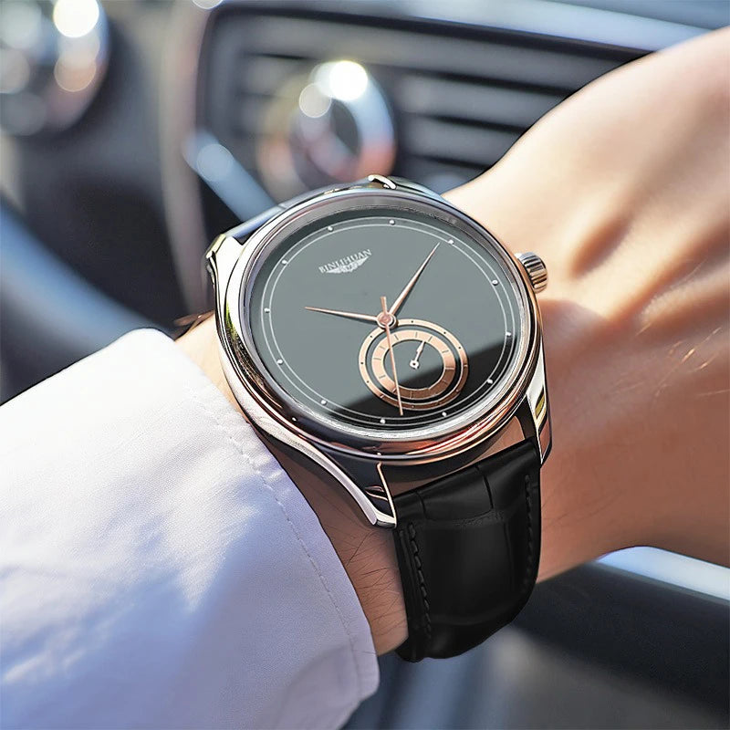 Men's Black Leather Quartz Watch — Elegant Business & Casual Timepiece