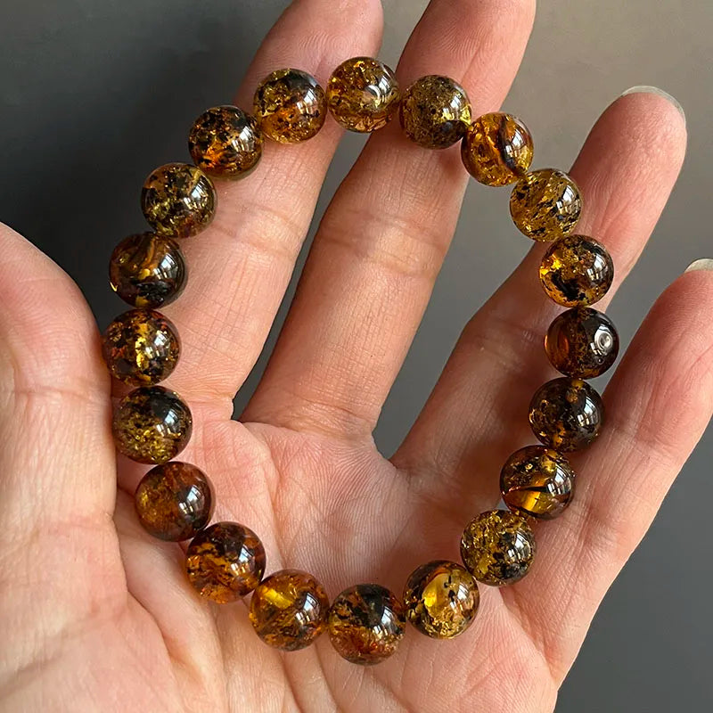 Yoowei Natural Baltic Amber Bracelet — Round Piebald Gemstone Jewelry