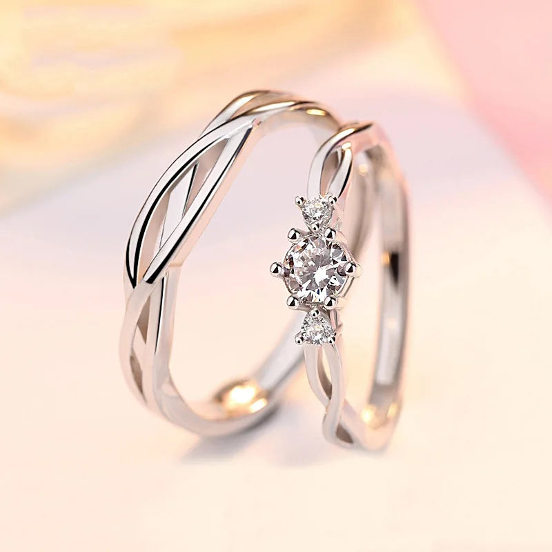 Luxury Zircon Couple Rings — Shiny Crown and Heart Design for Lovers