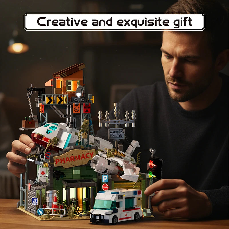 Wrecked Plane Pharmacy Building Blocks Set — 2076PCS DIY City Street Model