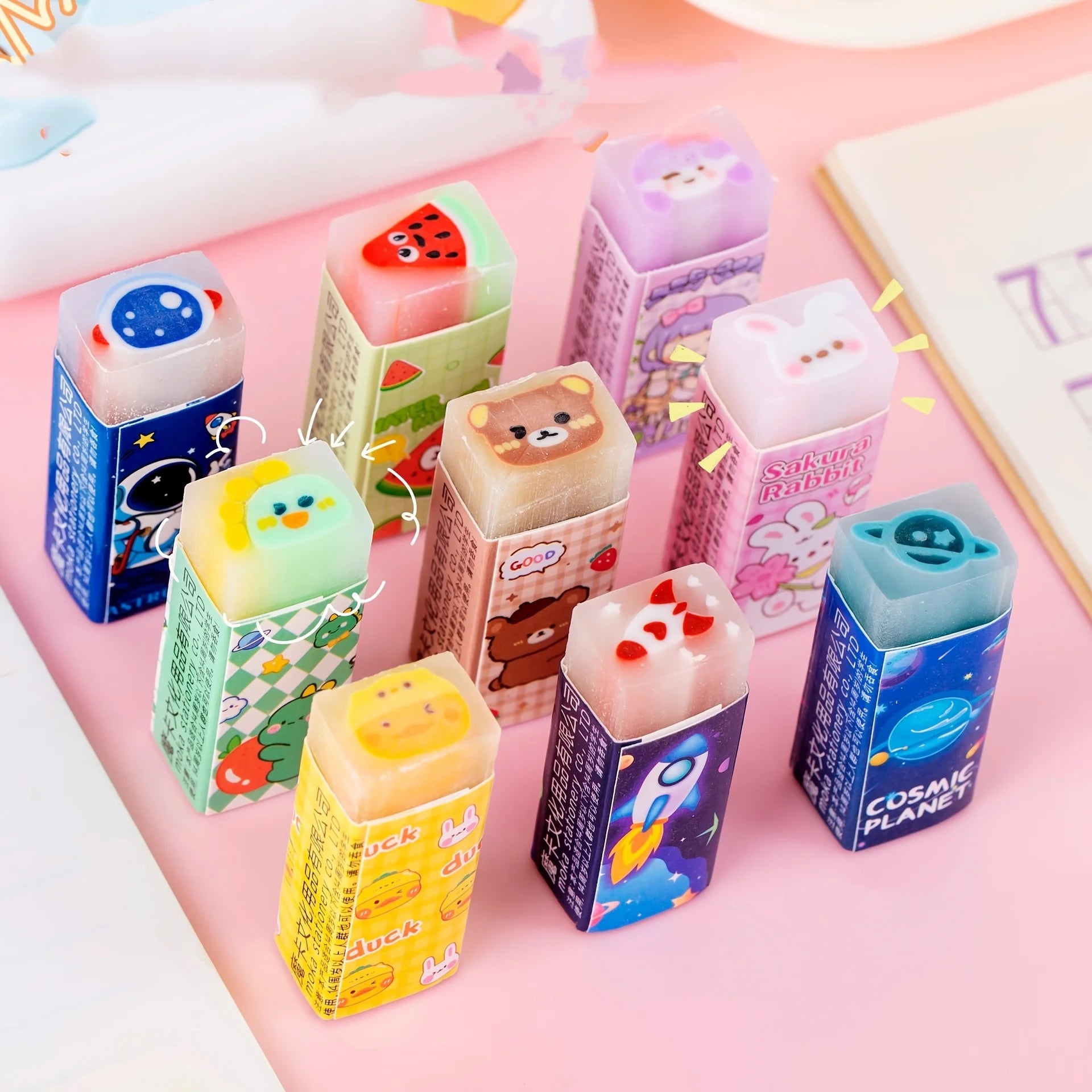 Assorted Cartoon Fruit Jelly Erasers — Fun Student Stationery Set