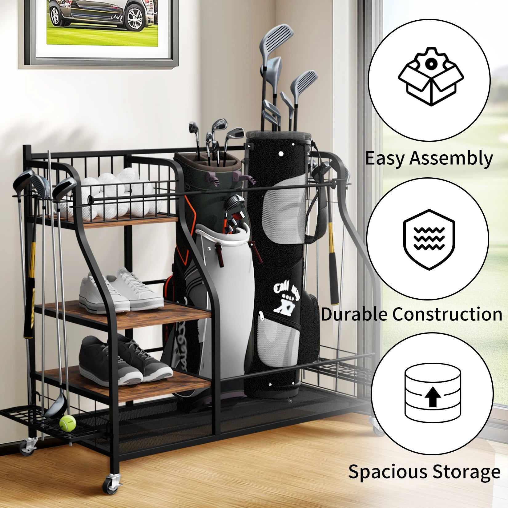 Multifunctional Rolling Golf Bag Organizer — Metal Sports Equipment Storage Rack