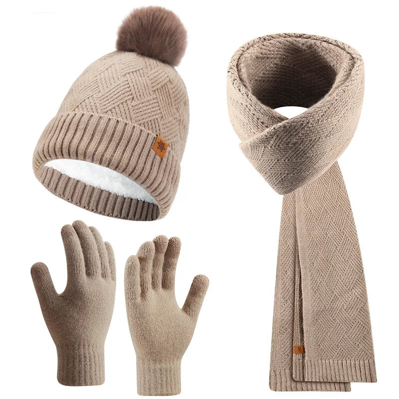 Winter Thermal Accessory Set — Knit Beanie, Scarf & Touchscreen Gloves