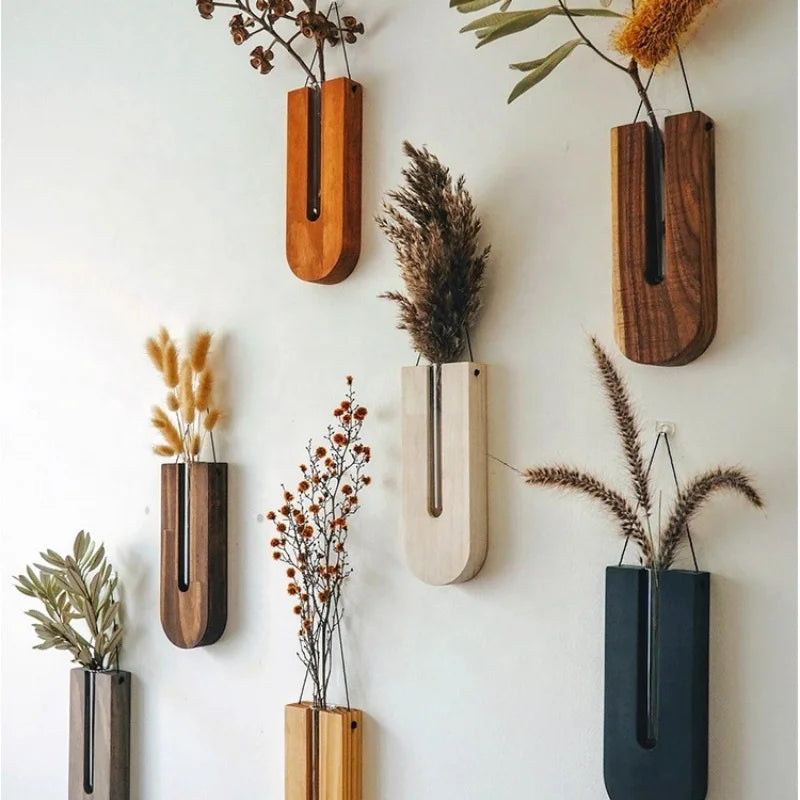 Wooden Hanging Plant Propagation Vase — Boho Wall Decor with Glass Tube