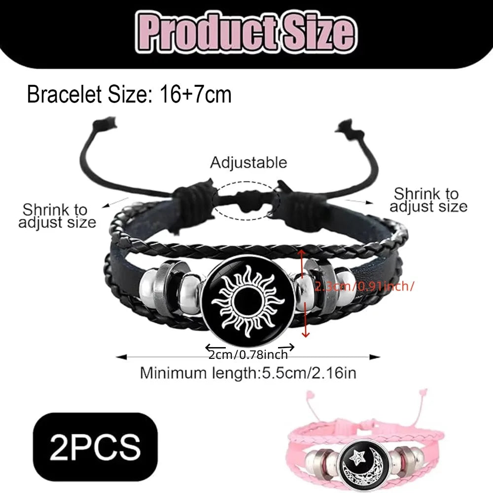 Sun and Moon Leather Bracelet Set — Matching Couple Jewelry with Glow Effect