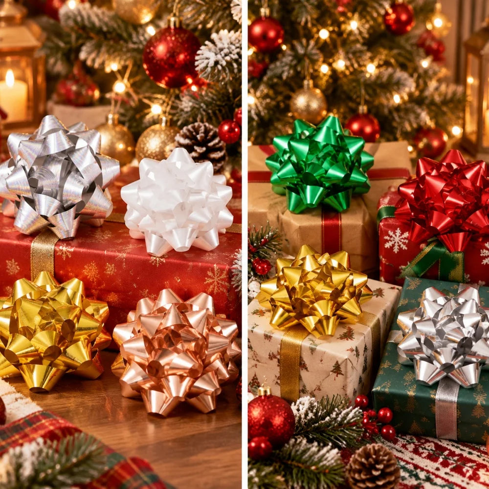 Metallic Star Flower Decorations — Festive Gift Wrapping Accents, 12 Pack