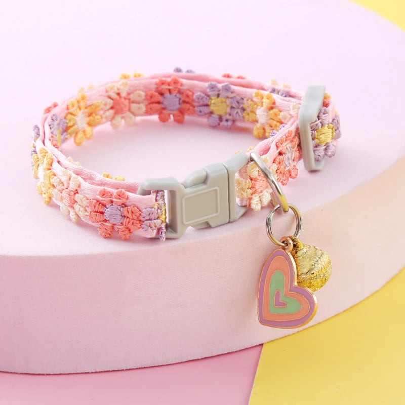 Adjustable Pet Collar with Bell — Colorful Paw Print Pattern for Cats and Small Dogs