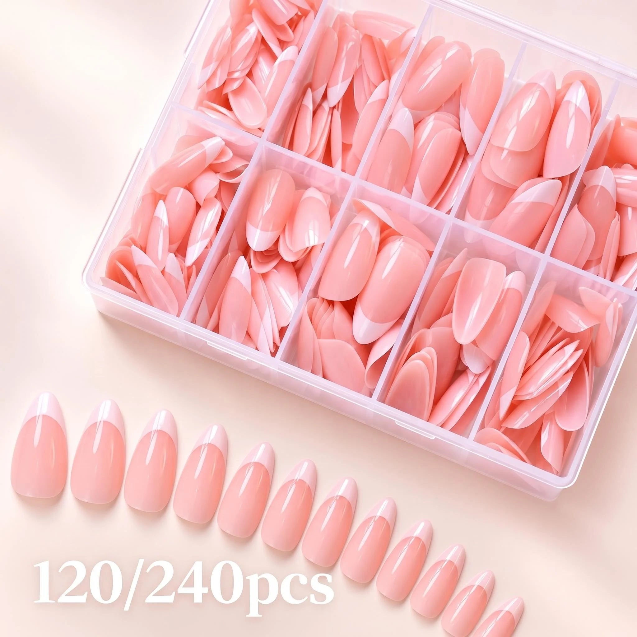 Almond French Tip Press On Nails — Elegant Nude and White Glossy Set