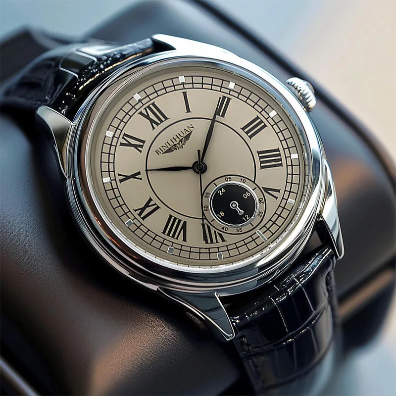 Men's Classic Quartz Watch — Elegant Leather Strap & Roman Numeral Dial