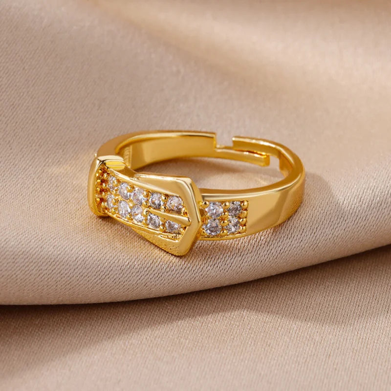 Obega Gold Buckle Ring — Sparkling Zircon Adjustable Fashion Jewelry