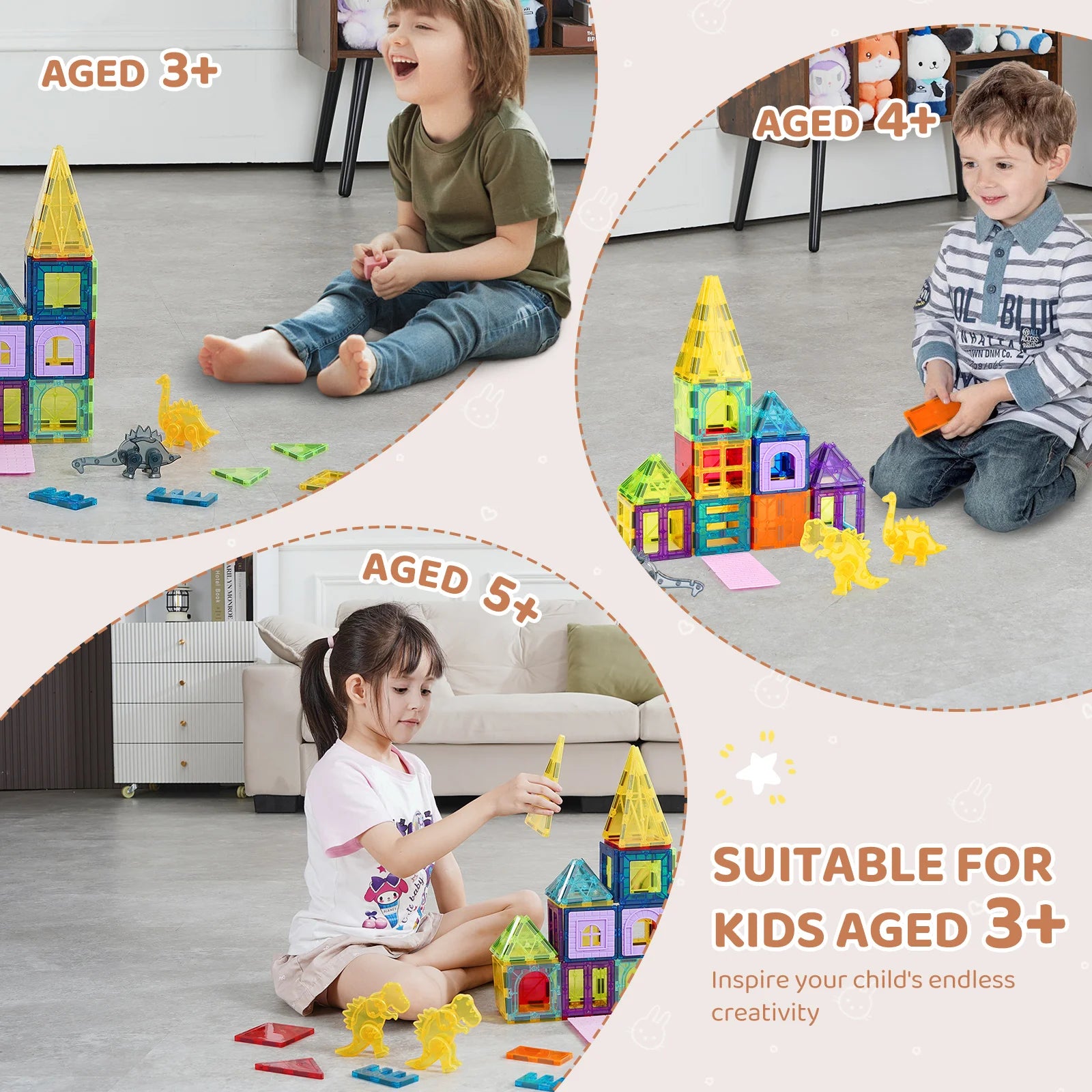 SucceBuy Magnetic Building Tiles — 56-Piece STEM Construction Set with Dinosaurs