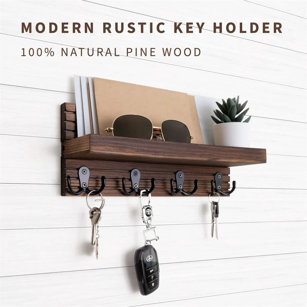 Wooden Wall Mounted Key Holder — Rustic Entryway Organizer with 4 Hooks