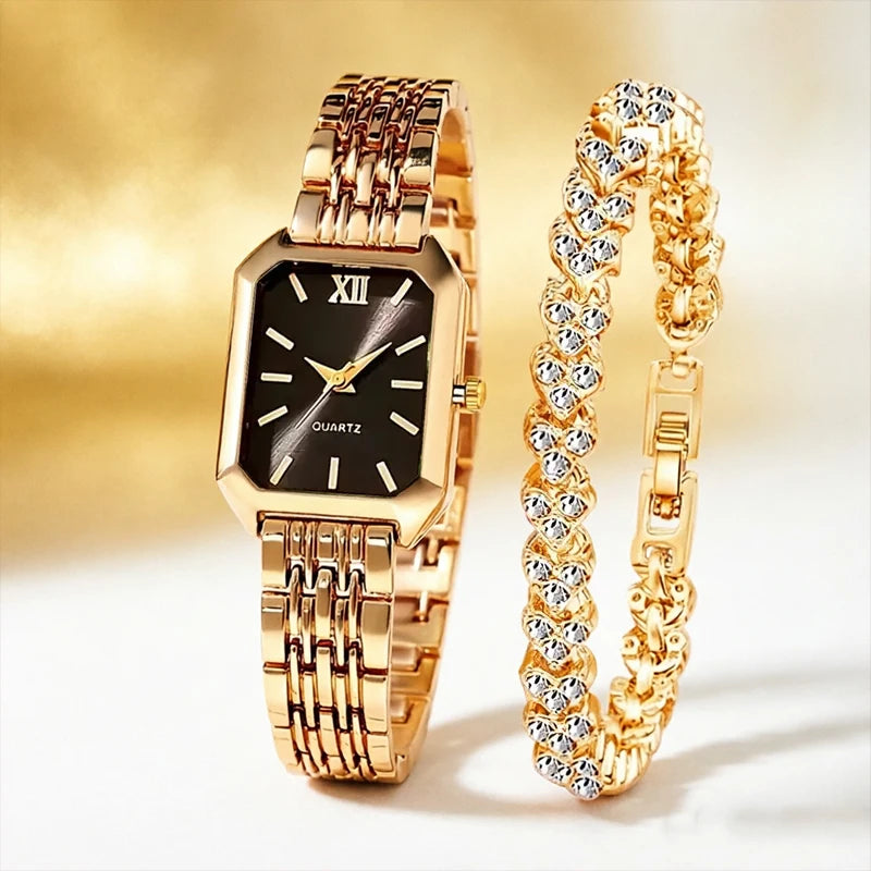Women's Rectangular Quartz Watch & Bracelet Set — Elegant Fashion Accessory