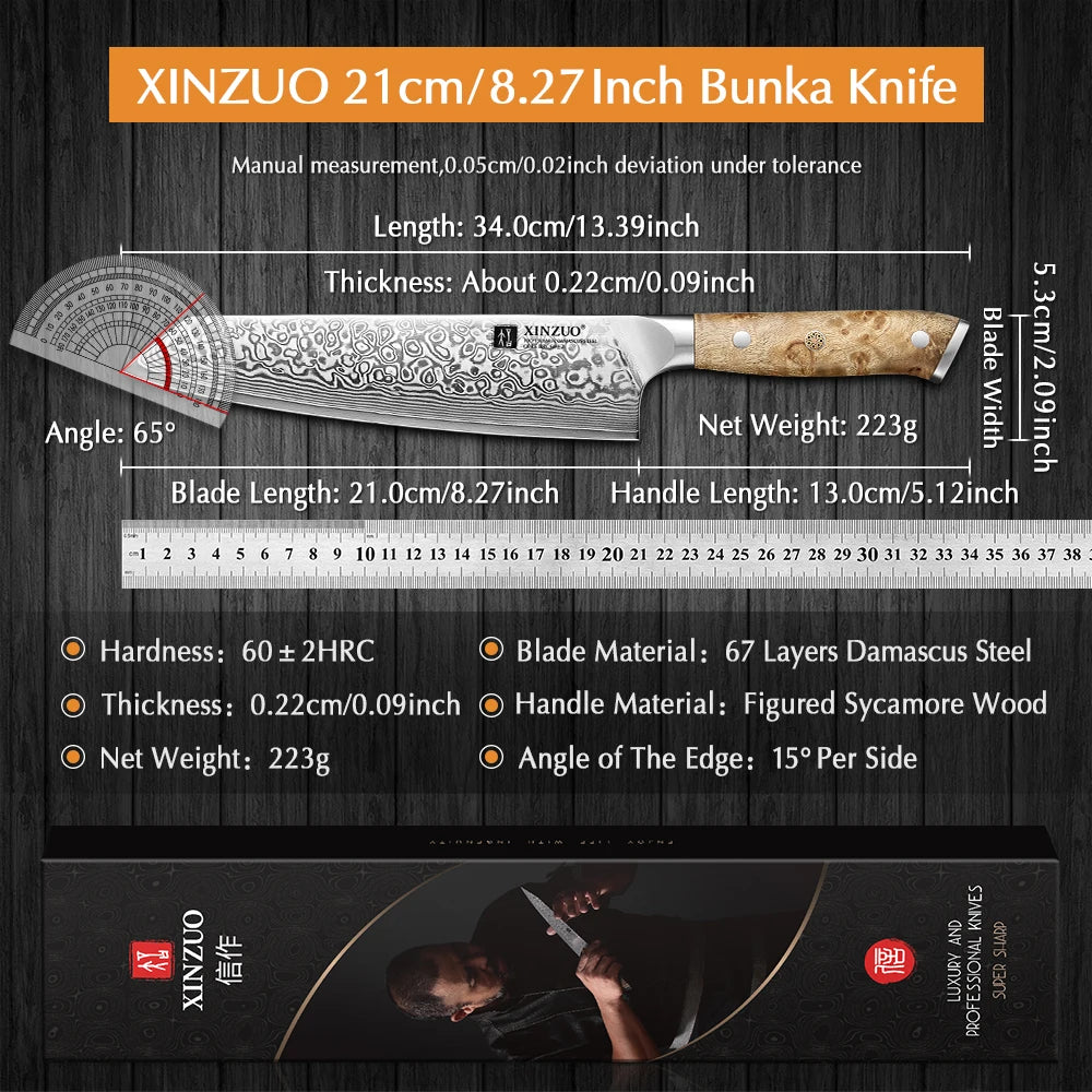 XINZUO Damascus Steel Bunka Knife — 8.3 Inch Handcrafted Slicing Tool