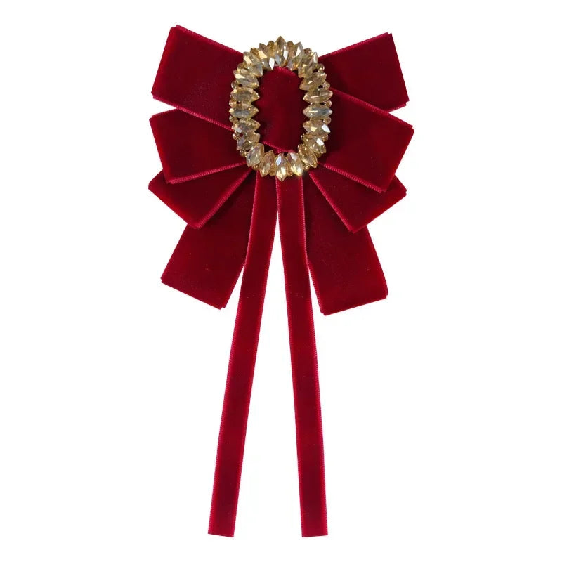 i-Remiel Velvet Bow Tie Brooch — Rhinestone Crystal Flower Pin