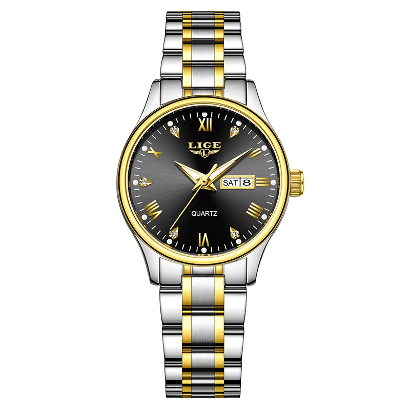Elegant Women's Quartz Watch — Diamond Dial Stainless Steel Wristwatch