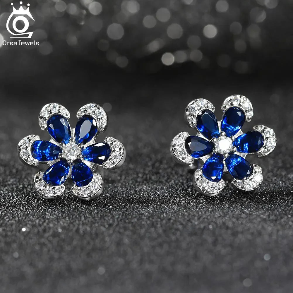 ORSA JEWELS Blue Sapphire Flower Jewelry Set — 925 Sterling Silver & Cubic Zirconia