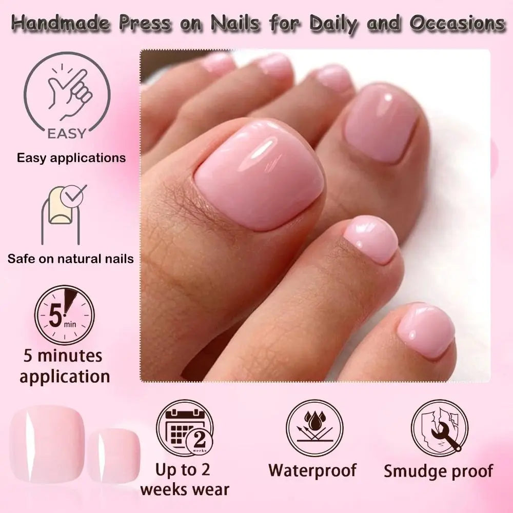 Glossy Press On Toenails — Short French Square Manicure Set