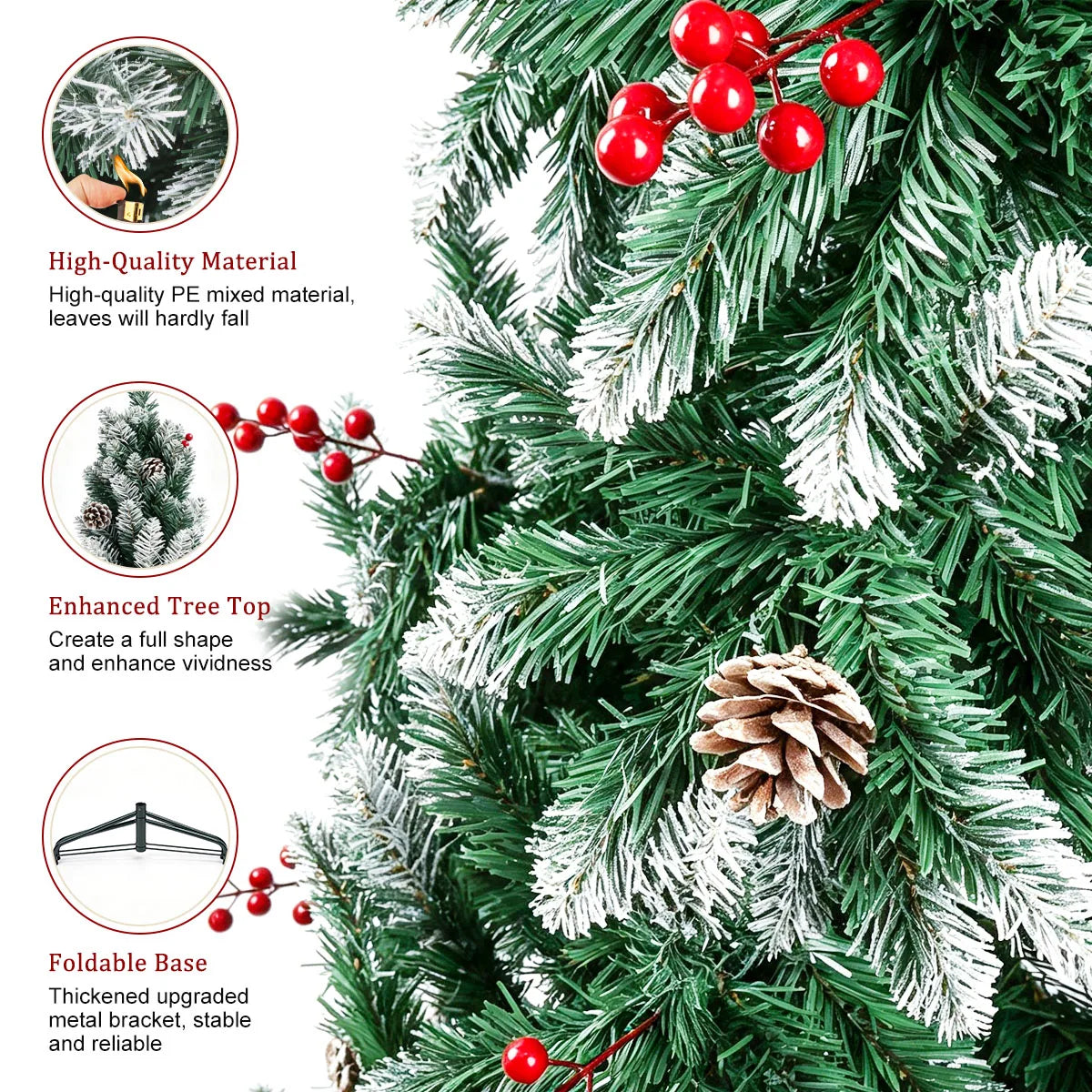 Snow Flocked Artificial Christmas Tree — Realistic Pine Cones & Red Berries