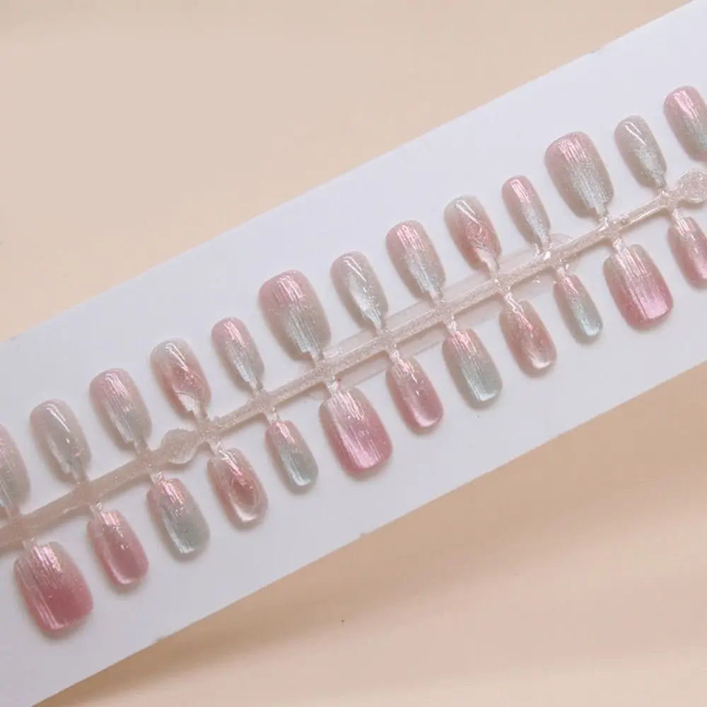 Square False Nail Tips — French Style Cat Eye Full Cover Set