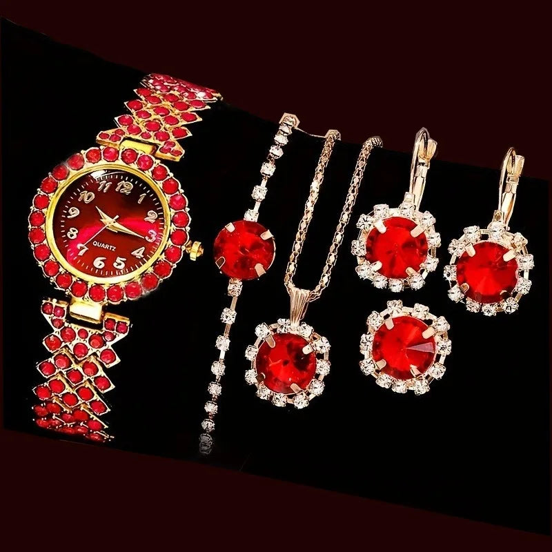 Elegant Women's Jewelry and Watch Set — 6-Piece Rhinestone Quartz Collection