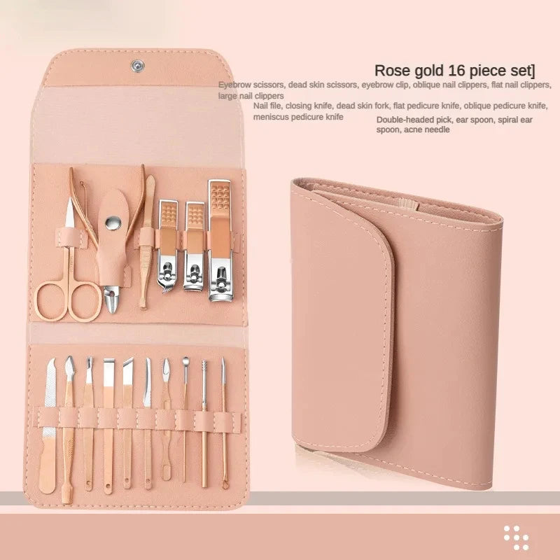 Professional 16-Piece Manicure Set — Stainless Steel Grooming Kit with Leather Case