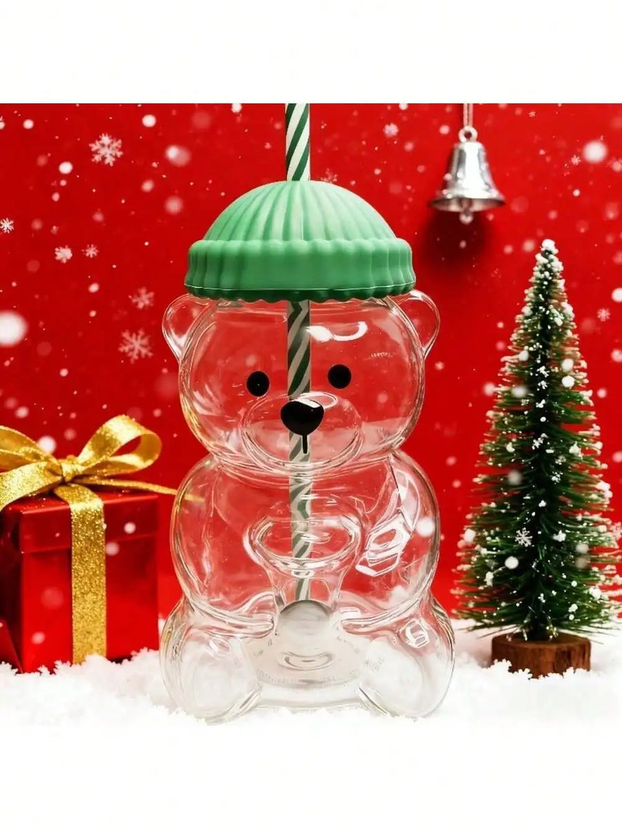 Cute Bear Shaped Glass Cup — 20oz Drinking Bottle with Straw and Lid