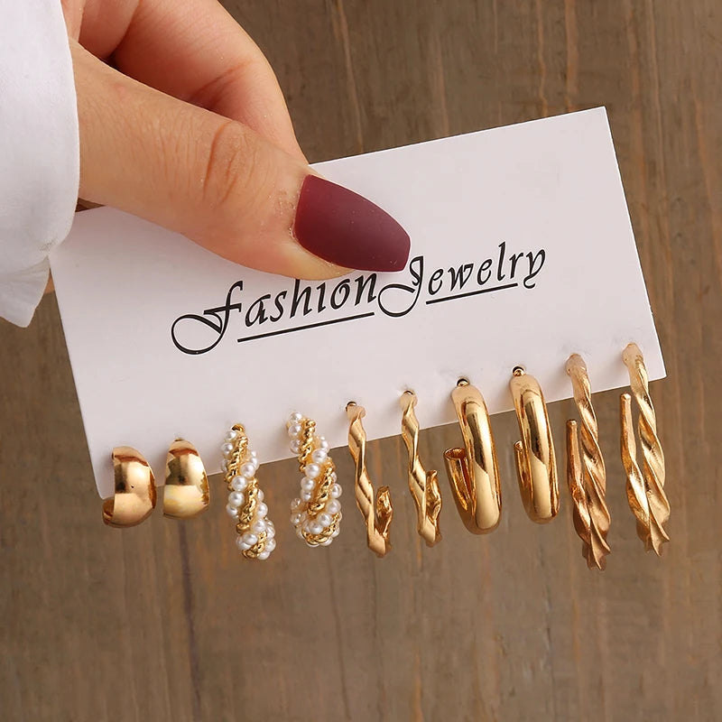 Vintage Geometric Pearl Earrings Set — Gold Tone Dangle & Stud Jewelry