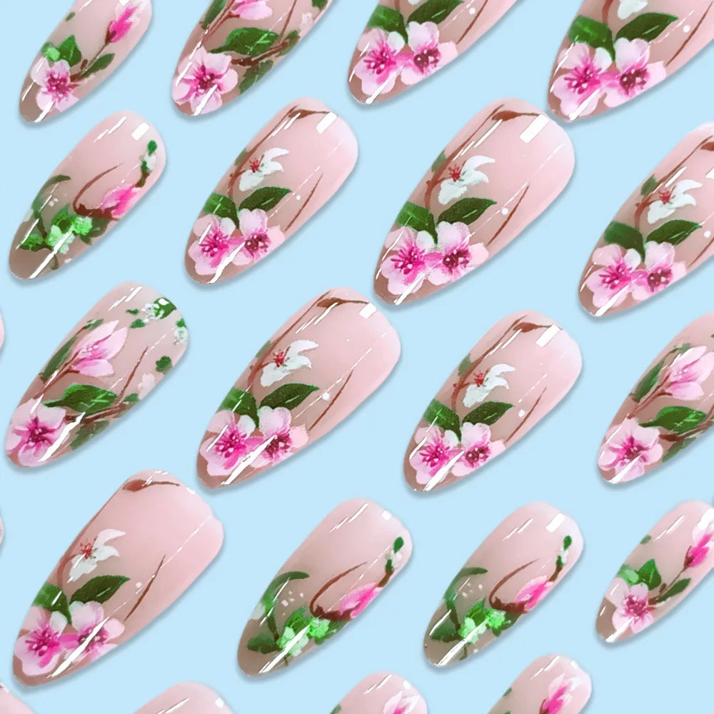 Short Almond Press On Nails — 3D Flower Design Acrylic Set