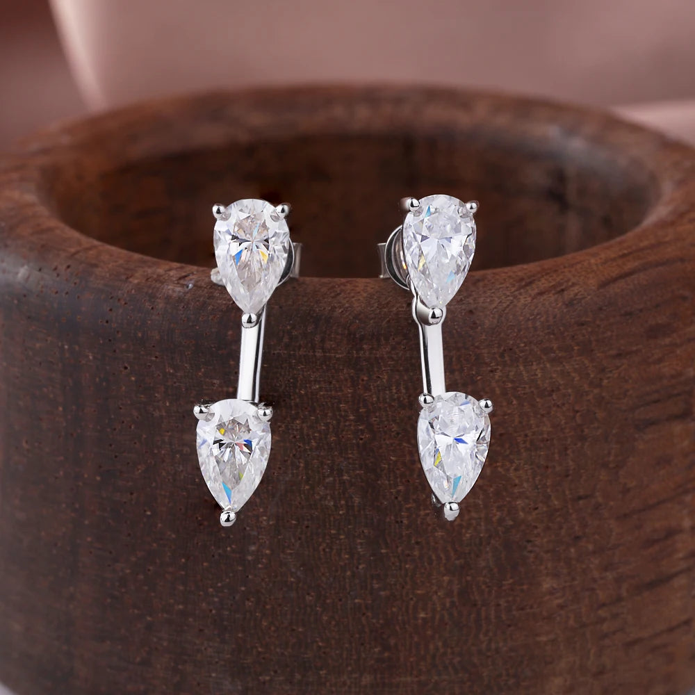 FEOBUR Moissanite Pear Cut Ear Jackets — 925 Sterling Silver Waterdrop Studs