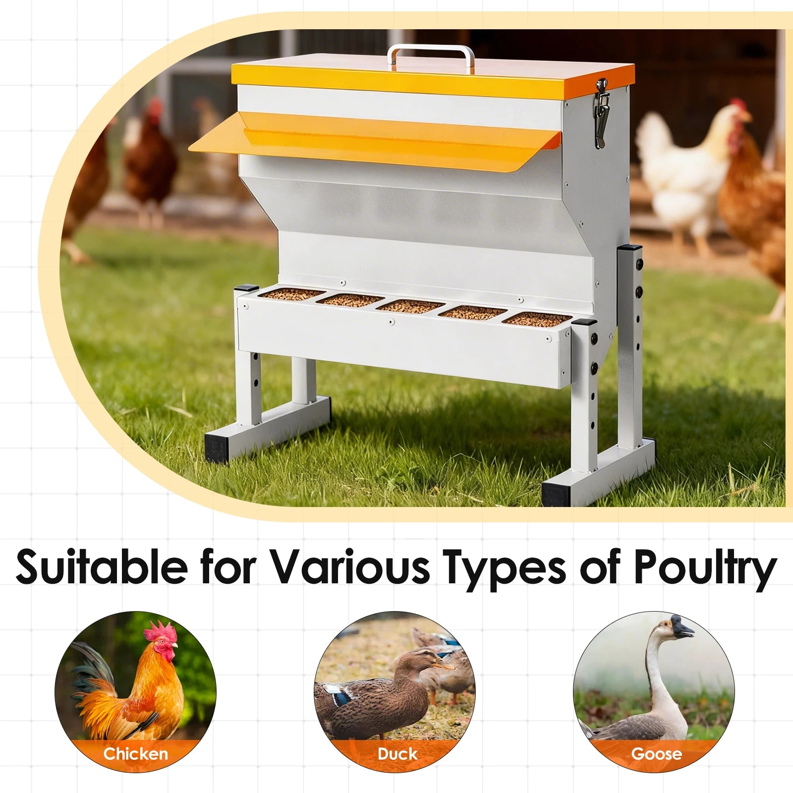 JIECARE 16L Poultry Chicken Feeder — Galvanized Steel Feed Box with Rain Cover