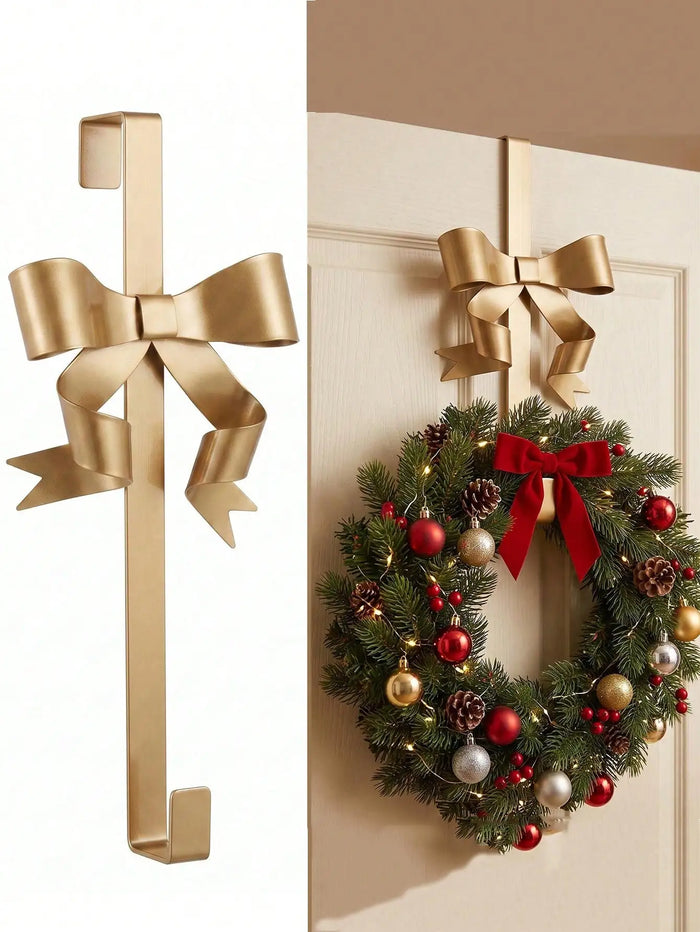 Gold Bow Wreath Hook — Decorative Metal Holder for Front Door Decor