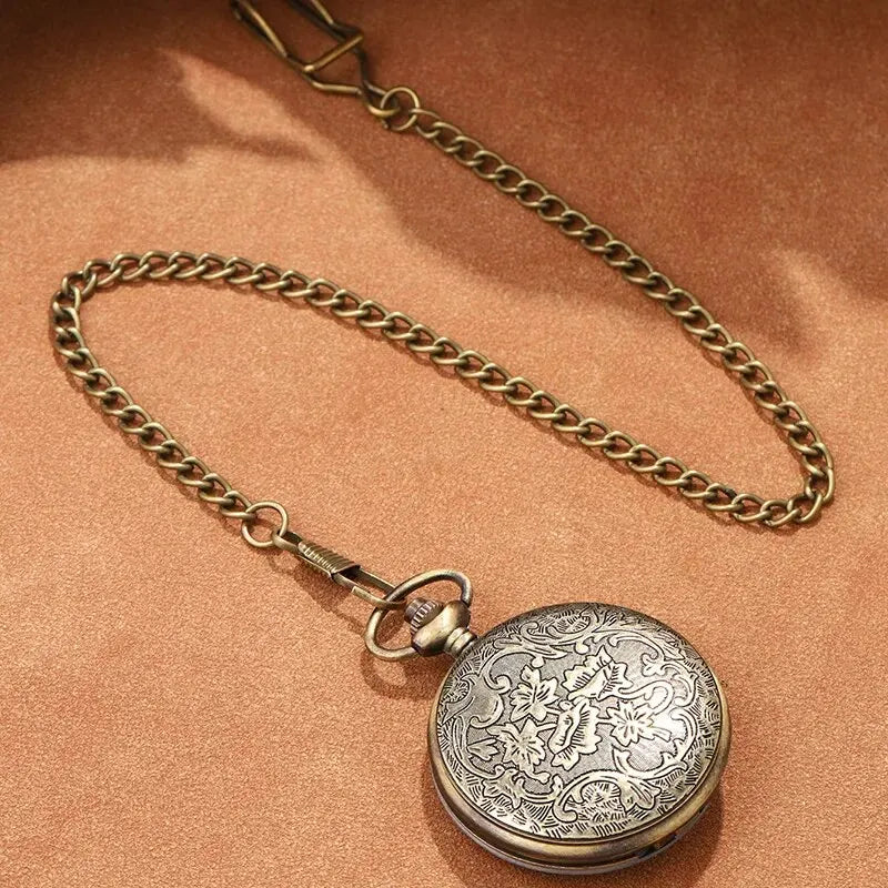 DEYROS Butterfly Carved Quartz Pocket Watch — Elegant Necklace Pendant with Fob Chain