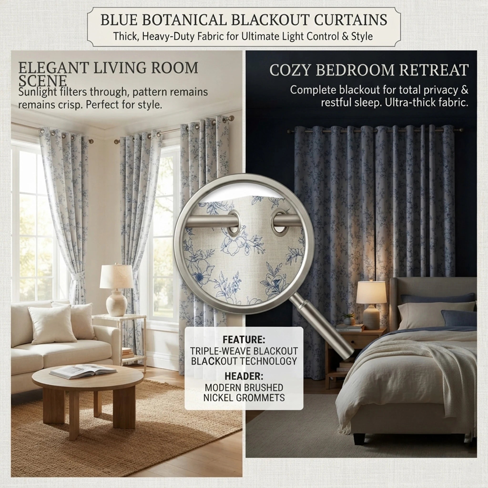 Blue Floral Blackout Curtains — 4 Panel Thermal Insulated Set
