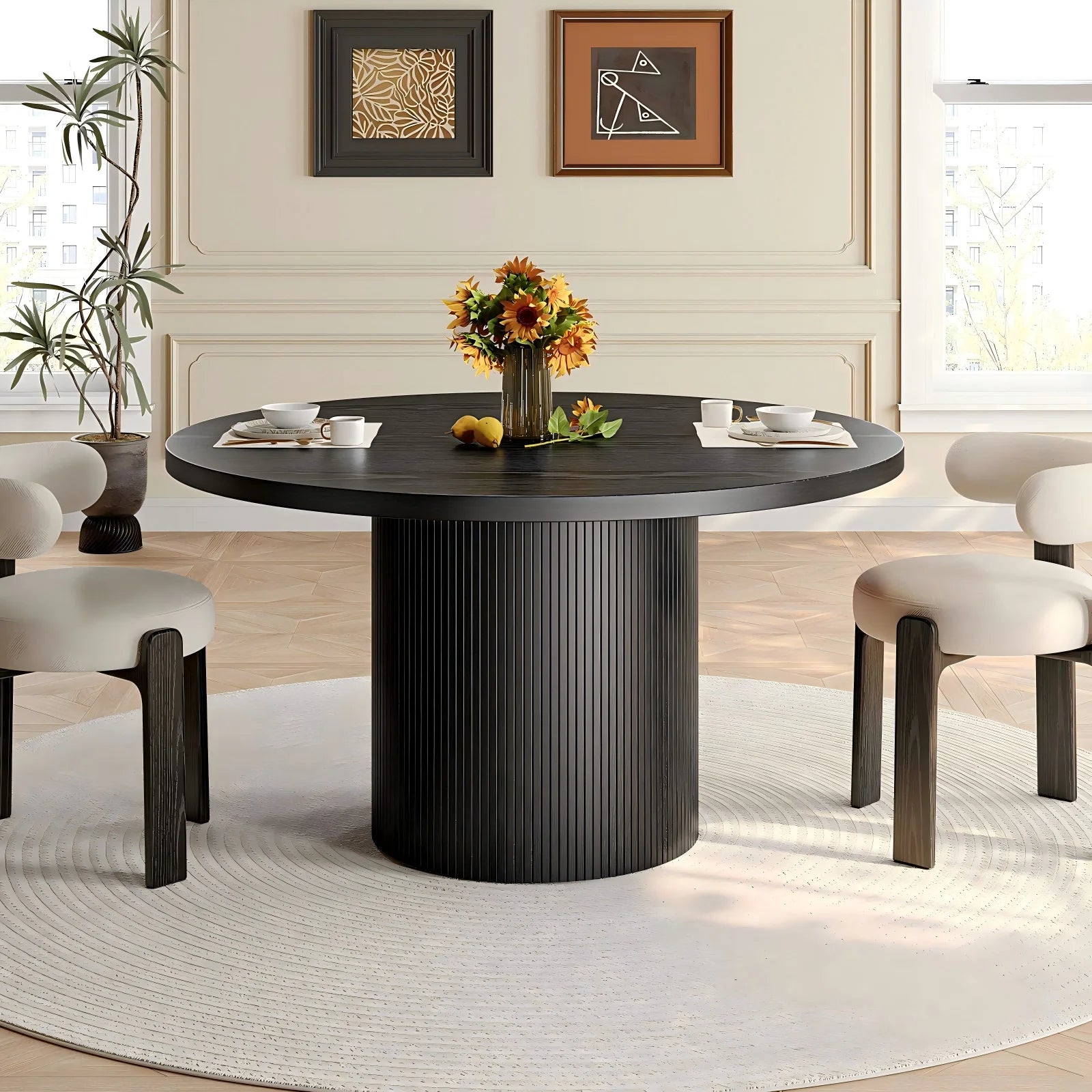 ONBRILL Round Fluted Dining Table — Modern 47 Inch Wood Kitchen Table