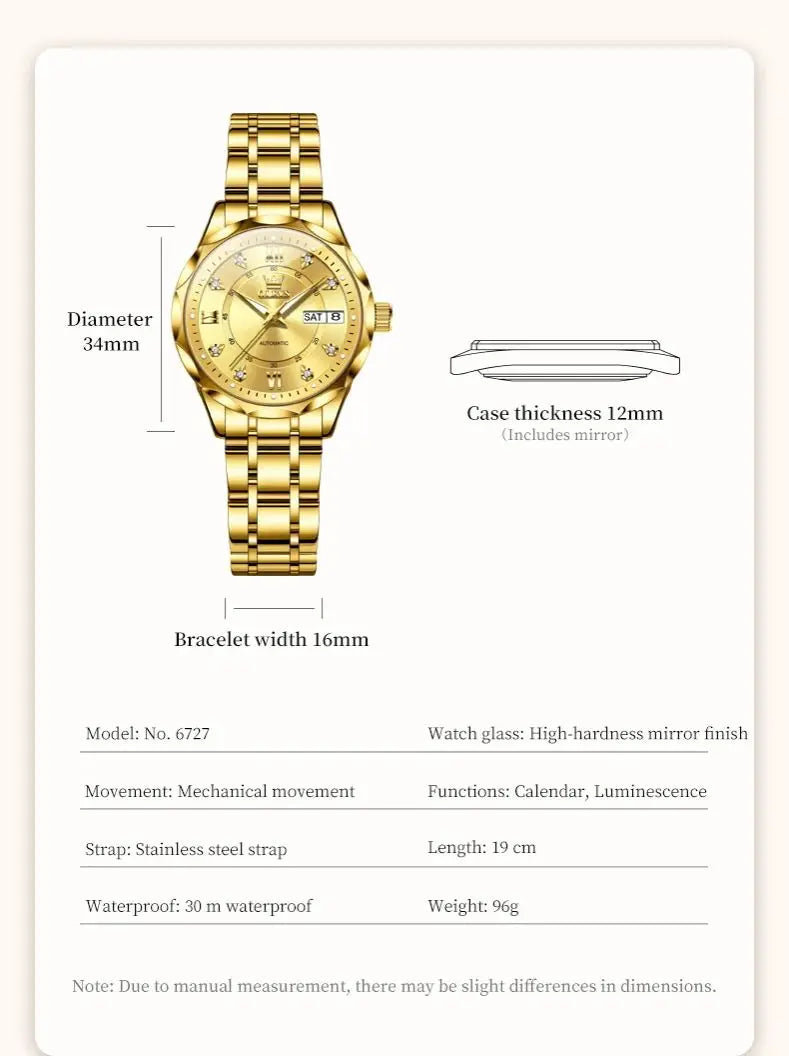 OLEVS Automatic Women's Watch — Luxury Stainless Steel & Dual Calendar