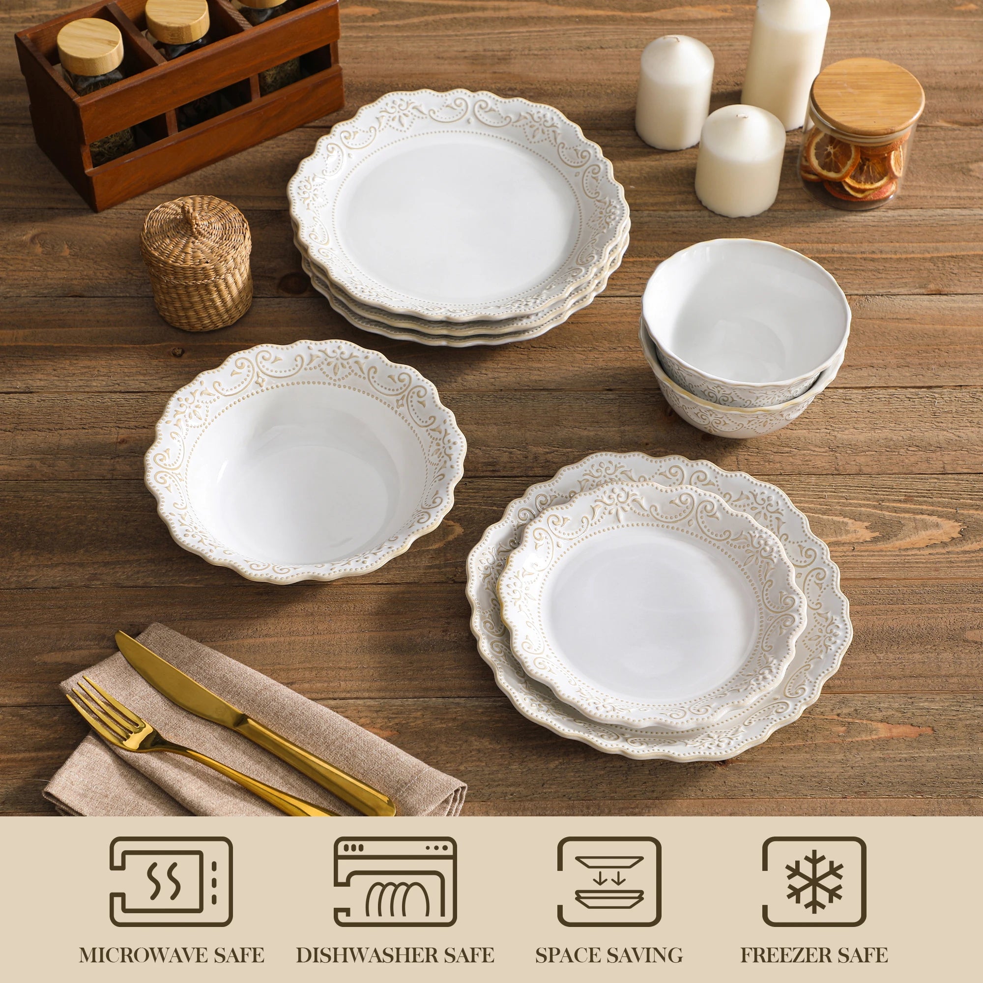 MALACASA White Stoneware Dinnerware Set — Elegant Relief Design Plates & Bowls