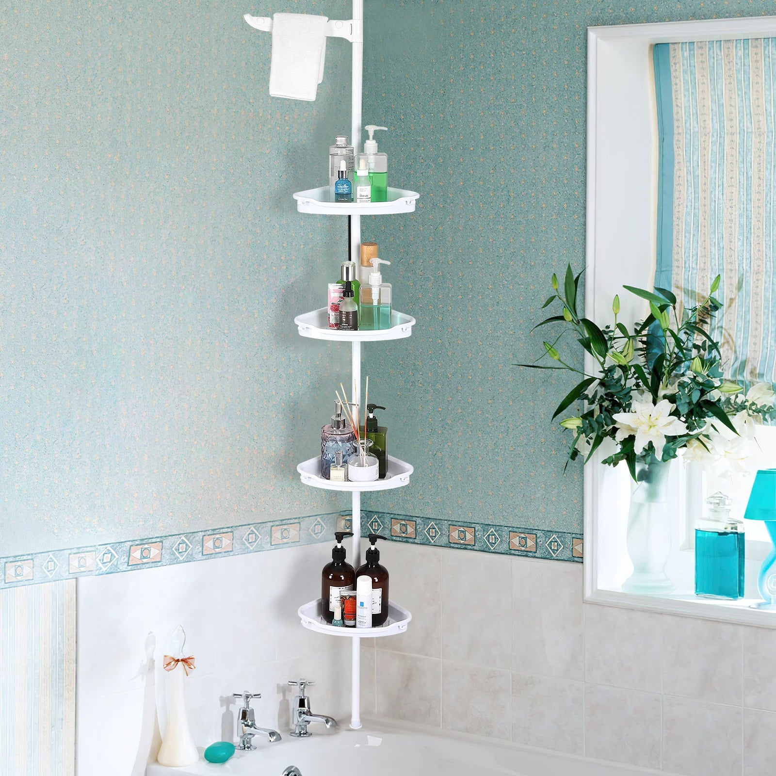 HiMISS Corner Shower Caddy — 4-Tier Adjustable Tension Pole Organizer