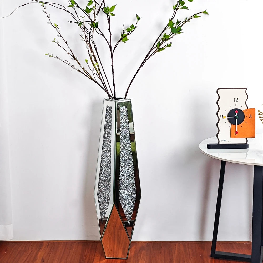 Crushed Diamond Mirrored Flower Vase — Large Standing Floor Decor