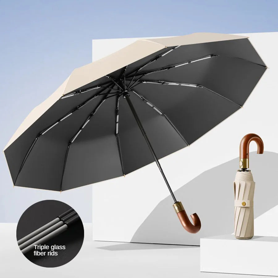 Compact Folding Umbrella — Windproof UV Protection with Curved Handle