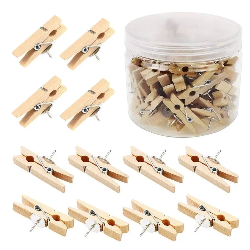 Wooden Photo Clips with Push Pins — Decorative Memo Holder for Corkboards