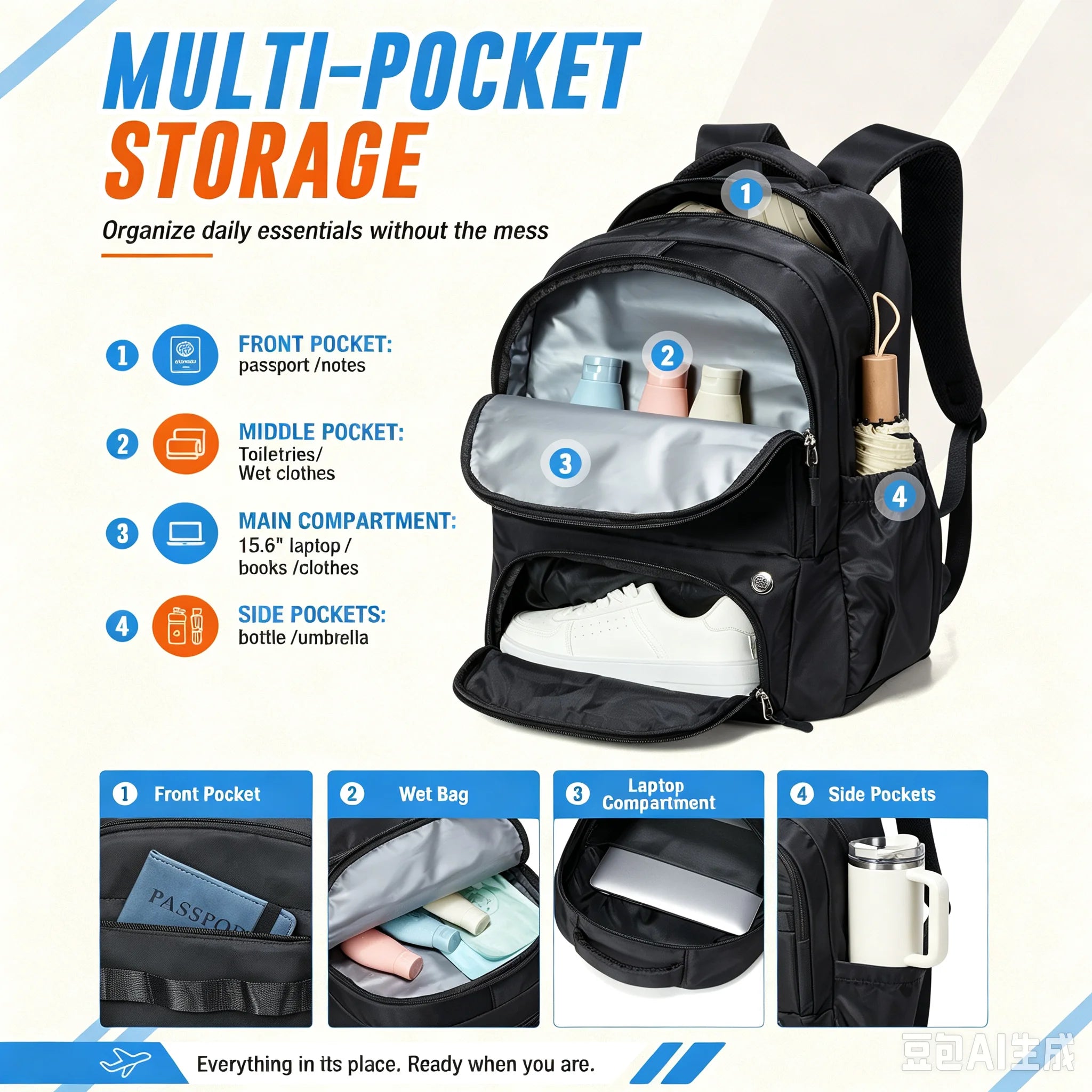 FLCC Waterproof Laptop Backpack — Large Capacity Outdoor Travel Bag