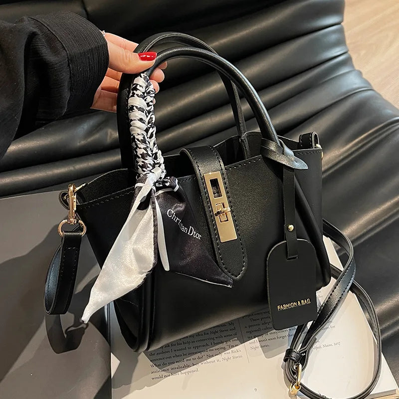 Elegant Leather Top Handle Handbag — Versatile Shoulder Purse with Silk Scarf