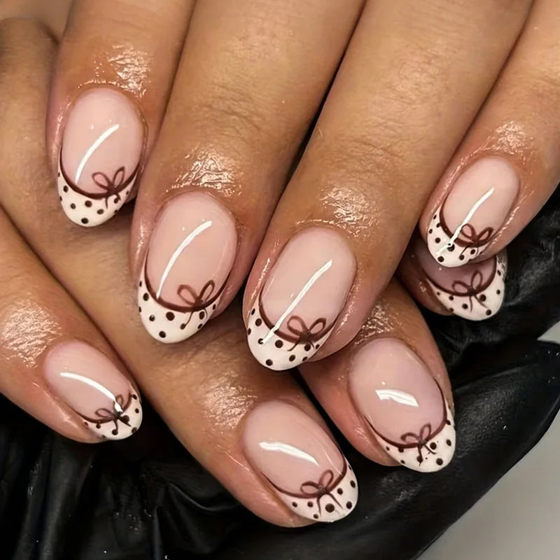 YADORNOS Black French Press On Nails — Polka Dot Short Round False Nails