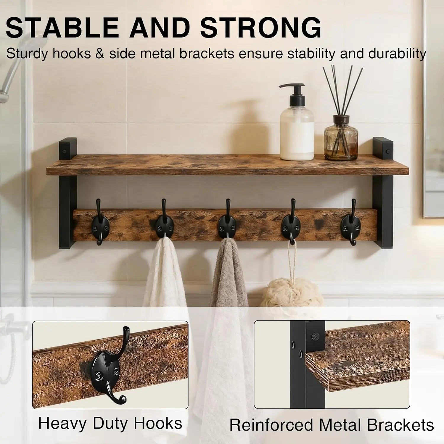 Wall Mounted Coat Rack & Shelf — Industrial Wood and Iron Entryway Organizer