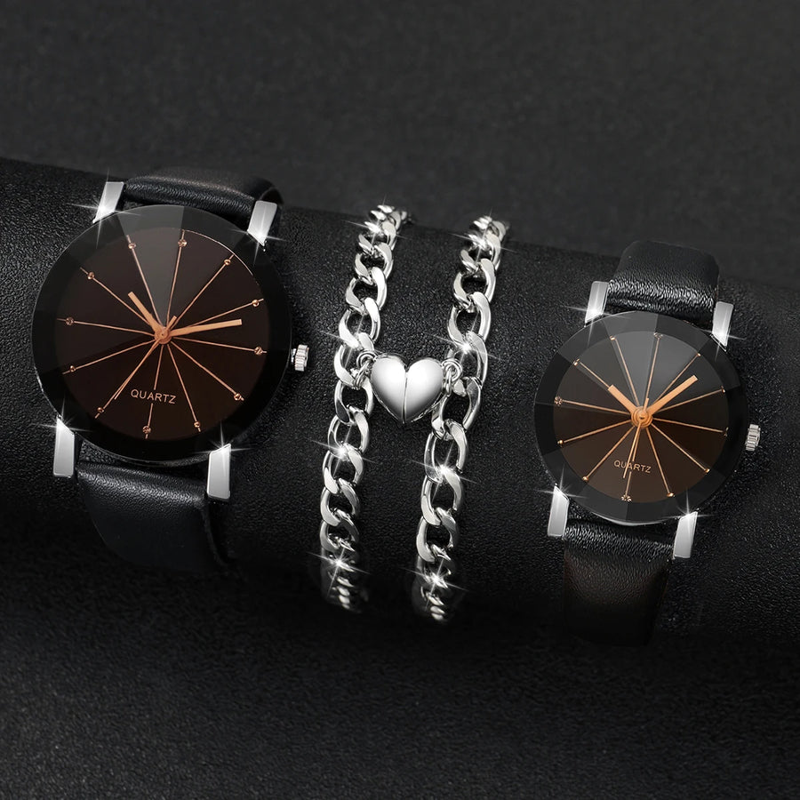 Couple's Quartz Watch and Bracelet Set — Fashionable Rhinestone Accents